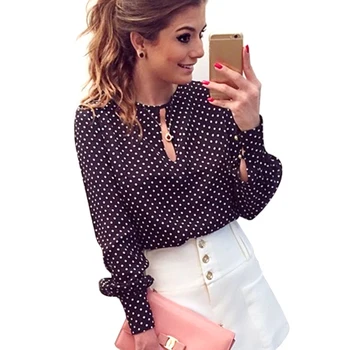 Long Sleeve Slit Open Women Blouse Chiffon Hollow Sexy Casual Shirt Plus Size Women Tops Blusas bluse Polka Dots Shirt Top