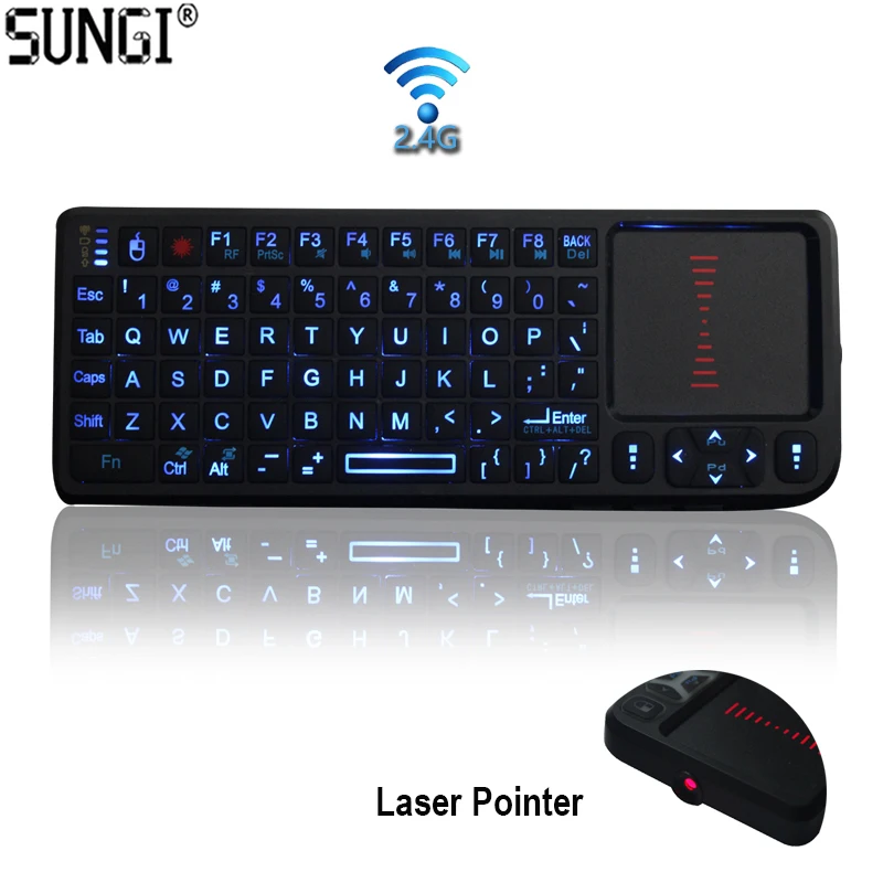 SUNGI Mini Wireless Keyboard with Laser Pointer Air Fly Mouse Backlit Keyboard Handheld Touchpad Keyboard for Smart TV Projector SUNGI Mini Wireless Keyboard with Laser Pointer Air Fly Mouse Backlit Keyboard Handheld Touchpad Keyboard for Smart TV Projector