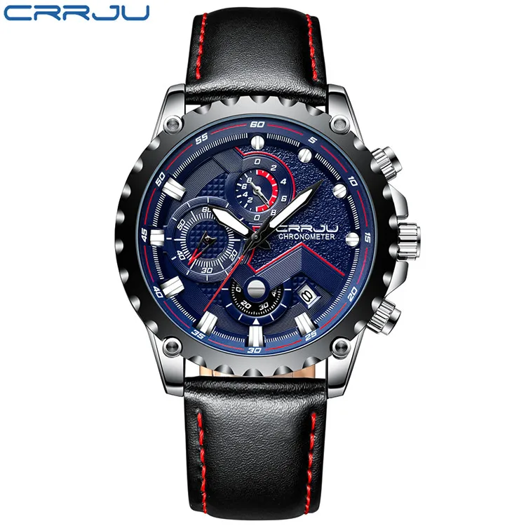 CRRJU мужские часы Топ бренд класса люкс кварцевые черные часы мужские повседневные кожаные военные водонепроницаемые спортивные наручные часы Relogio Masculino - Цвет: 2158A-silver blue