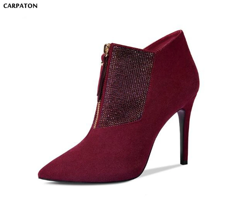 

Carpaton New Deep mouth Solid Women Short Boots Fashion Pointed Toe Front Zipper Crystal Decoration Sexy Thin High Heels Boots