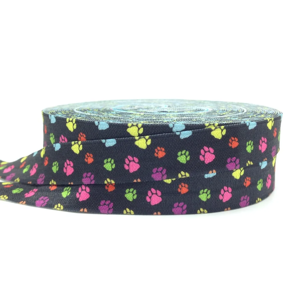 

10 yard 5/8" Bear footprint Printed Black Fold Over Elastic FOE Ribbon DIY Head wear Hair Accessories Elastic Hair Band Bracelet