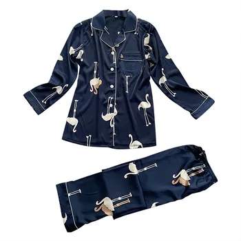 

Women Summer Sleepwear Long Sleeve Print Turn-down Collar Nightwear Satin Top Pants Pajama Sets Conjunto de pijama de pijama #D