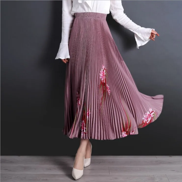

GTGYFF flare bohemian beach chiffon pleated maxi long floral print skirt for women summer womens boho skirts stretch high waist