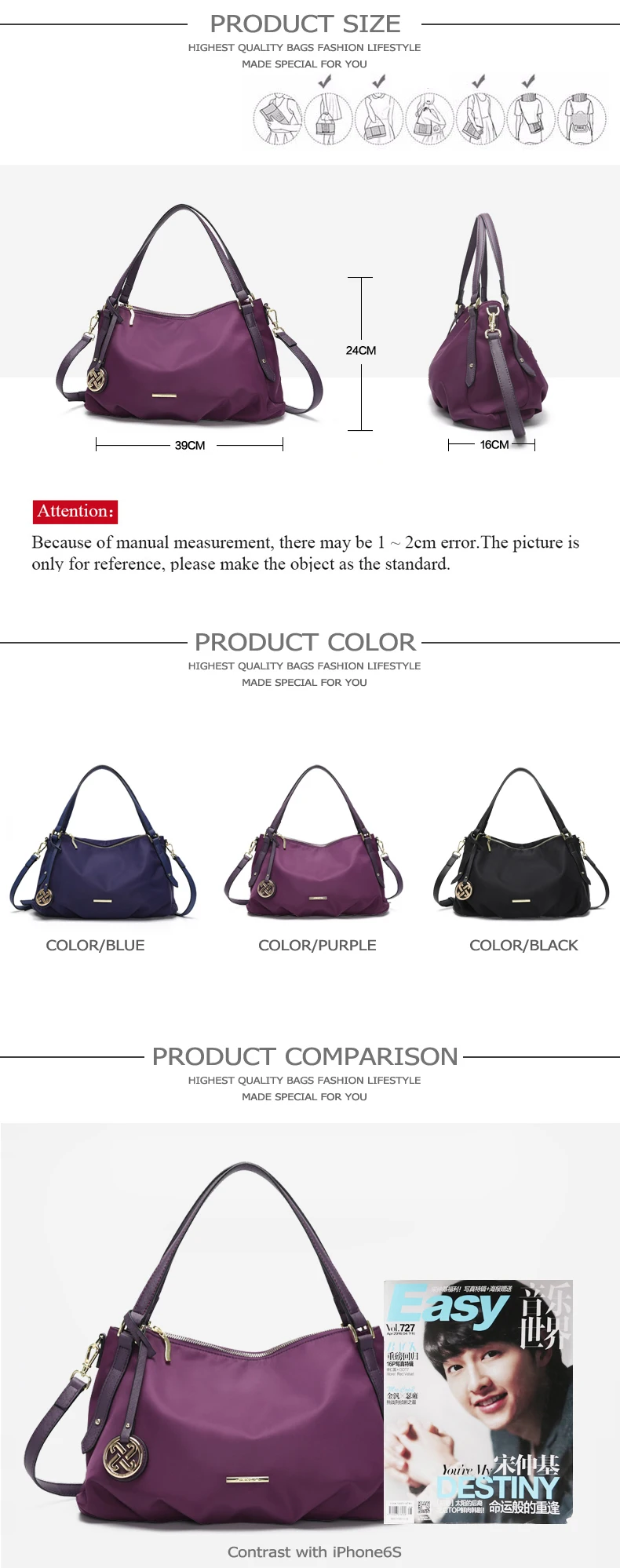 JIANXIU Brand Women Handbag Nylon 3 Color Female Top-hand Bag Casual Shoulder Crossbody Bags For Women New Large Size Tote