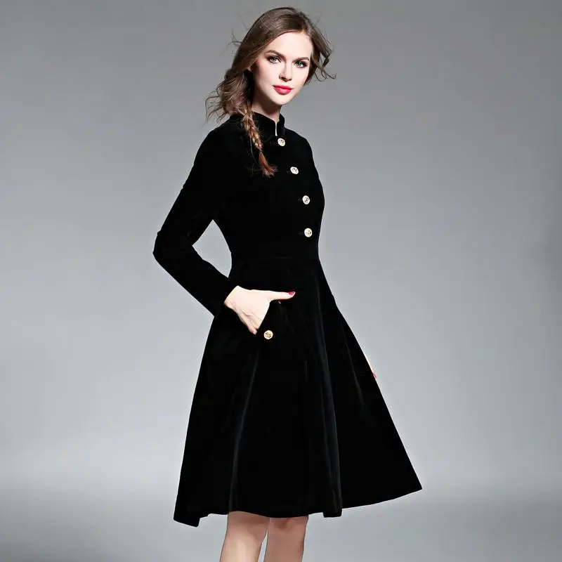 Черный Vintage Dress Женщины Элегантный Тонкий Бархат с Длинными Рукавами Платье Ol Office Осень Зима Длинный Халат Vestidos - Цвет: 1