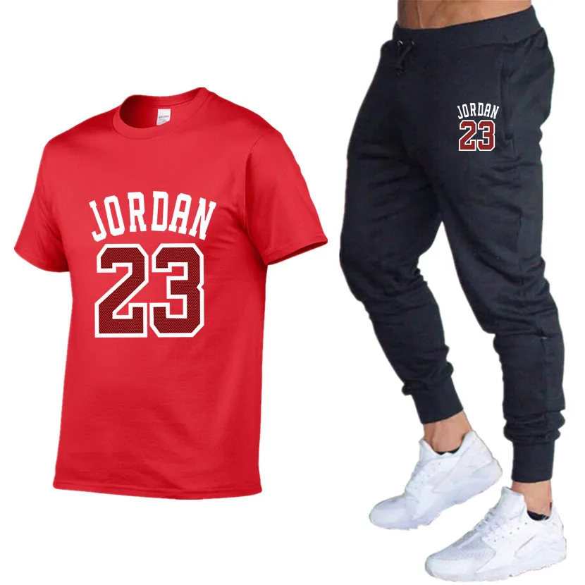 Мужские летние комплекты из двух предметов, футболки+ брюки, мужские хлопковые топы, модные футболки Jordan 23, футболка высокого качества, спортивные костюмы, 2 комплекта - Цвет: Red 56