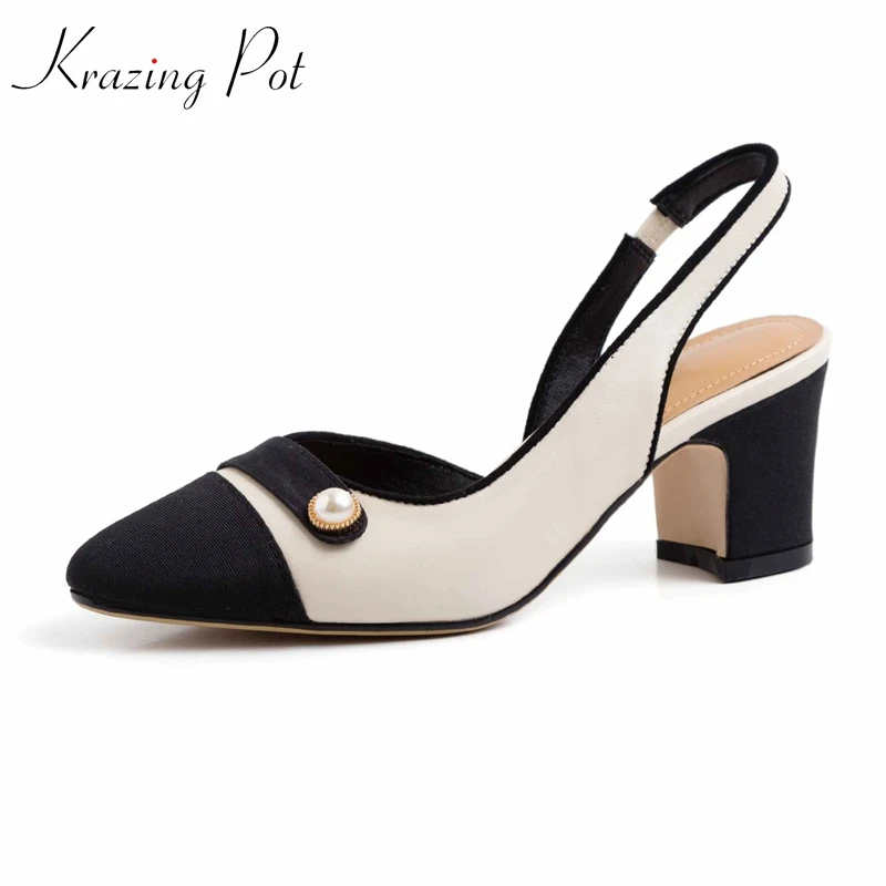 

Krazing Pot genuine leather pearl-studded high heels Korean sweety girls mixed color gorgeous summer slingback holiday pumps L21