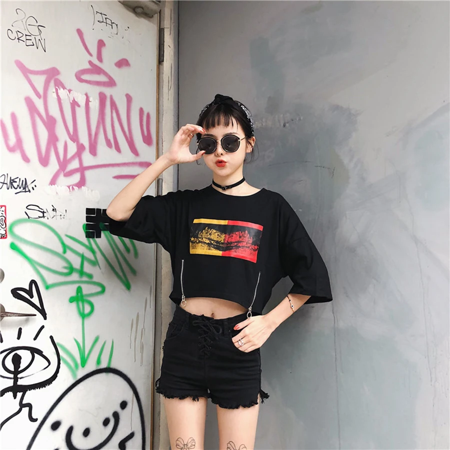 AULEAD Harajuku Повседневная футболка женский летний топ укороченная уличная одежда