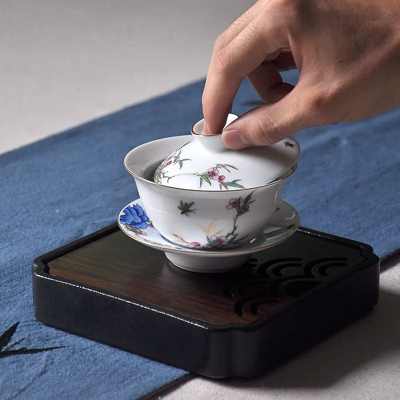 150 мл Gaiwan Керамика фарфор мелкой рельефным узором чайная посуда Чай ware Чай церемонии мастер Чай миска с крышкой набор блюдец