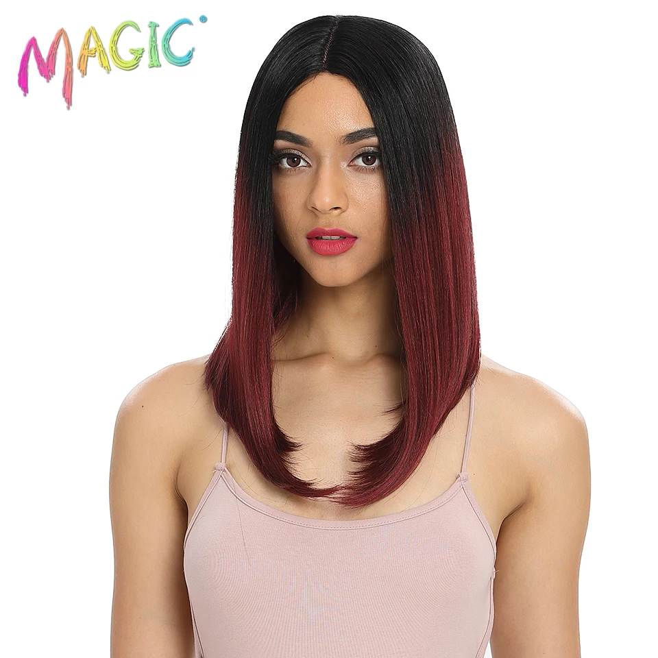 Магические волосы 18 "Термостойкое волокно синтетический парик из волос красный черный цвет шелк прямые синтетические кружева передние