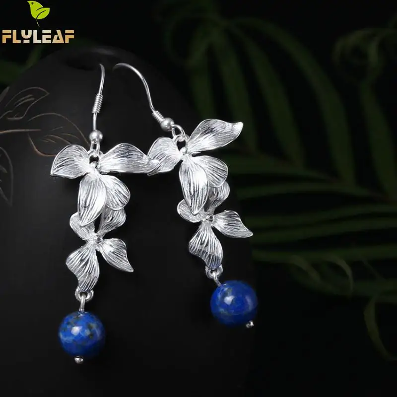 Женские серьги подвески Flyleaf из серебра 100% пробы с синим лазуритом и цветком
