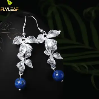 

Flyleaf Blue Lapis Lazuli Magnolia Flower Big Drop Earrings For Women High Quality Fashion 100% 925 Sterling Silver Jewelry