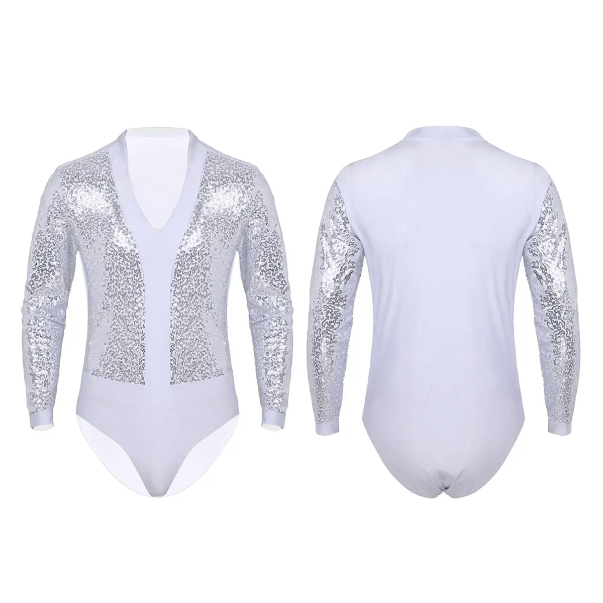 Men One-piece Shiny Sequins Dance Shirt Romper Costume Stage Dancewear Long Sleeve High Cut Dance Bodysuit Short Unitard Leotard