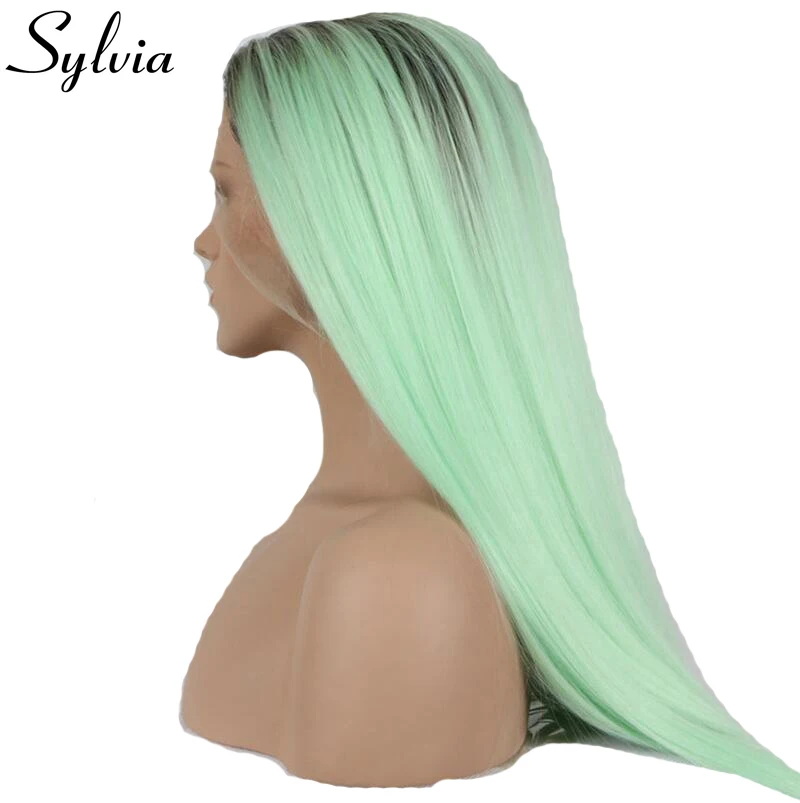 Sylvia мятный зеленый два тона Омбре шелковистые прямые синтетические парики на шнурках спереди длинные натуральные термостойкие волокна