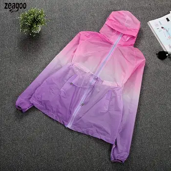 

Women Casual Long Sleeve High Collar Hooded Ultra-light Sun Gradient Color Protection Regular Coat Loose