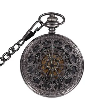 Luminous Skeleton Black Hollow Automatic Mechanical Pocket Watch Men Vintage Hand Wind Clock Necklace Pocket & Fob Watches Gifts