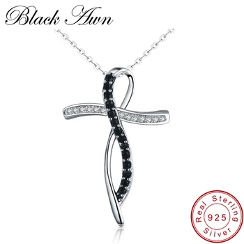 

[BLACK AWN] Fine Genuine 100% 925 Sterling Silver Necklace Women Jewelry Black&White Stone Cross Necklaces Pendants P114