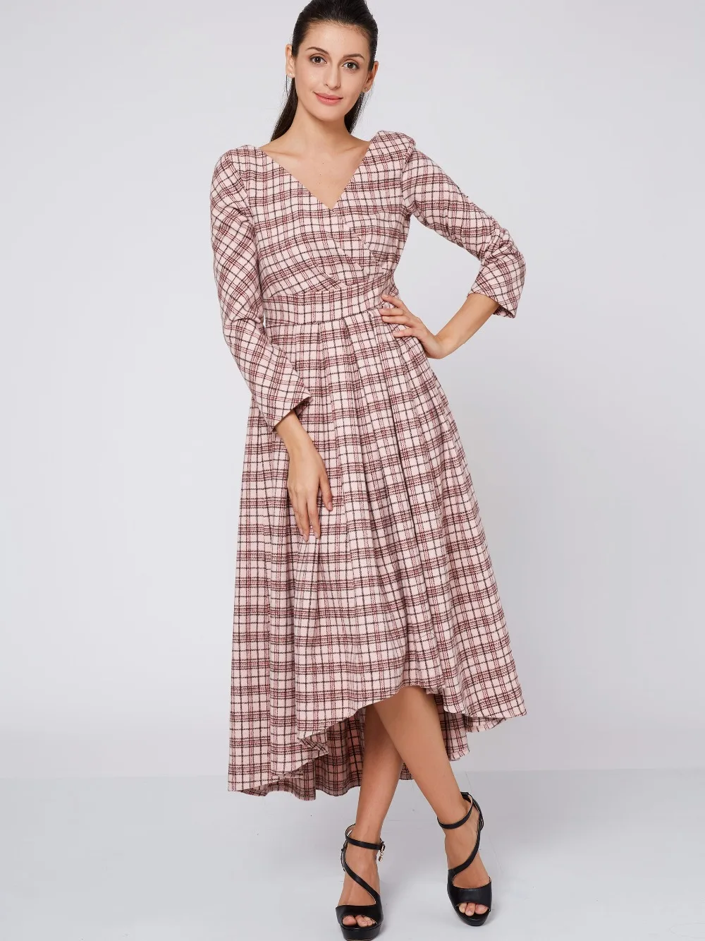 Sisjuly Women All Season Plaid Dress Girls V Neck Spring Dresses Long