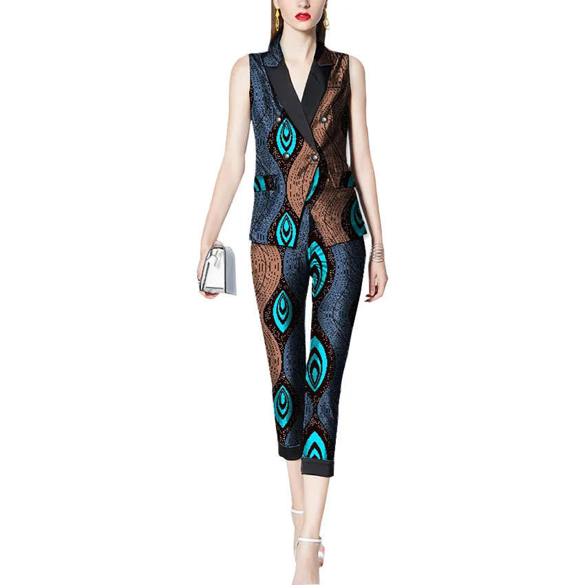 African Print Women Pant Suits Africa Festive Ladies Sleeveless Fashion