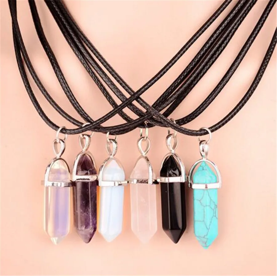 

High Quality Jewelry Hexagonal Column Necklace Natural Quartz Green Stone CZ Purple Stone Pendant Rope Necklace Women best gift