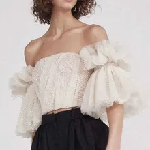 2018 Summer Fashion Sexy Slash Neck Women Top Short Sleeve Sexy Beading Pattern High Quality Lady Off The Shoulder Short New Top pearl beading frilled sleeve top