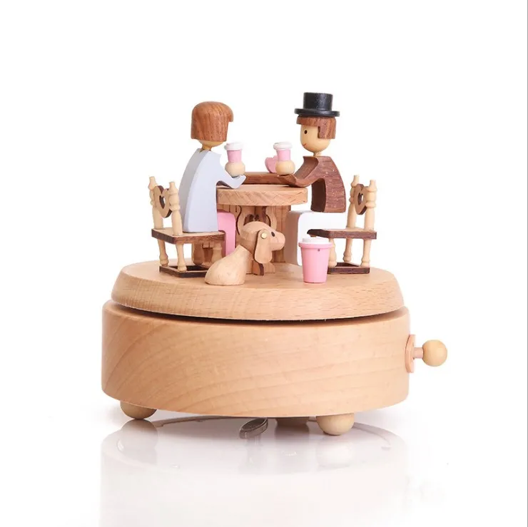 

Couple Dinner Rotating Wooden Clockwork Round Base Music Box Imported Movement Home Furnishings Crafts Birthday Gift