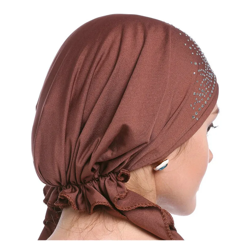 Fashion Women Headscarf Hat Thin Summer Muslim Inner Caps Solid Diamond Turban Bonnet Hijab India Head Wrap Hats For Ladies