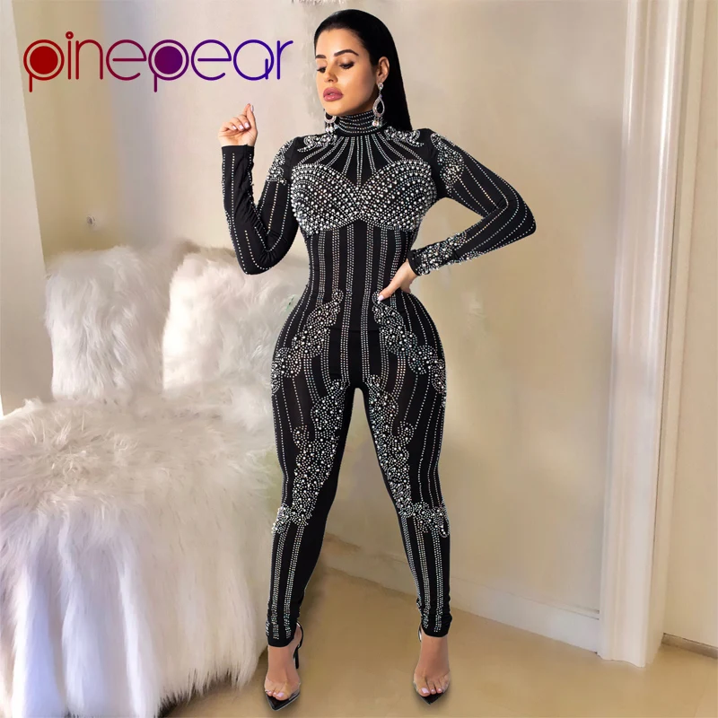 PinePear Glitter Diamond Bodysuit 2019 Winter Luxury Pearl Jumpsuit