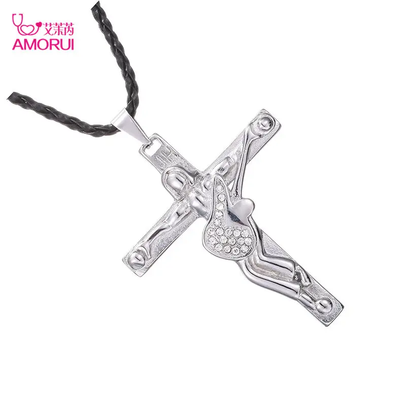 AMORUI Johnny Hallyday Stainless Steel Guitar Cross Pendant Necklace with black Leather Chain men Necklaces Christian Crucifix AMORUI Johnny Hallyday Stainless Steel Guitar Cross Pendant Necklace with black Leather Chain men Necklaces Christian Crucifix