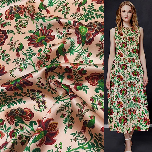 

Flower and bird print 100% pure silk satin silk fabric 17momme 139cm width,SSC216