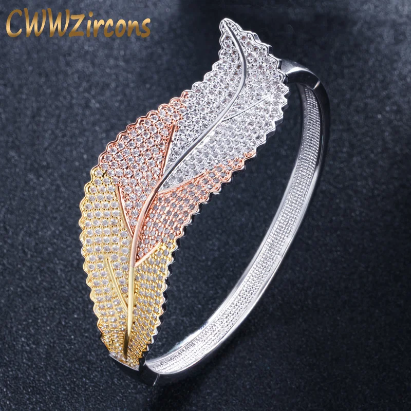 

CWWZircons 3 Tones Silver and Rose Gold Color Leaf Shape Big Micro Pave Cubic Zirconia Luxury Open Cuff Bangle for Women BG016