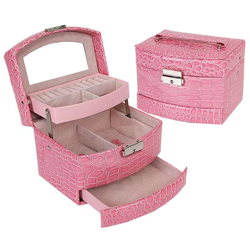 

LosWhy Pink Crocodile Pattern Automatic Jewelry Box Leather Exquisite Three-layer Storage Box For Girls Women