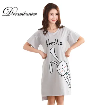 

Women Cotton Nightgowns 2018 Summer Home Dress Cute Cartoon Printed Sleepwear O-Neck Short-Sleeved Loose Nightdress