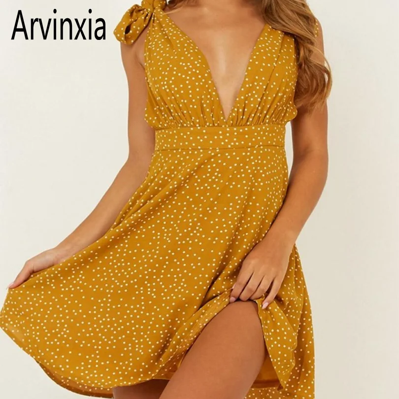 

Arvinxia Fashion Bow Tie V Neck Sleeveless Woman Summer Dress Vintage Lace Up Ruffles Women Vestido Sexy Polka Dot Beach Dresses