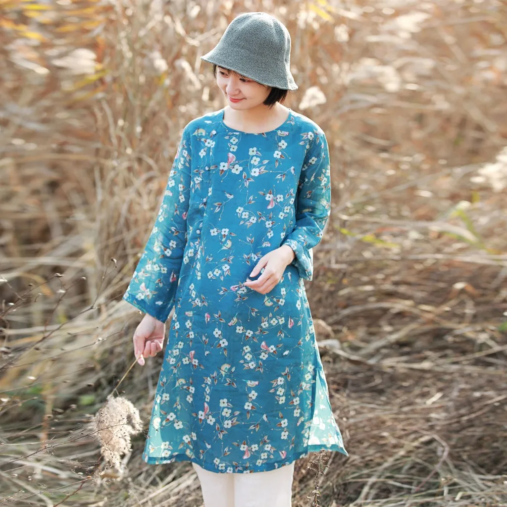 

Blue Printing Retro Spring Ramie Jade Button Nine Points Sleeve Dress Cheongsam Dresses