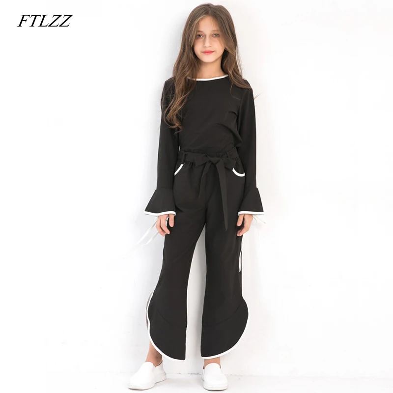 

FTLZZ 2019 Two Pcs Suit Big Girls Chiffon Set Spring Summer Long Flare Sleeve Bow Sweater Top + Pant Chiffon Set Teenage Girls