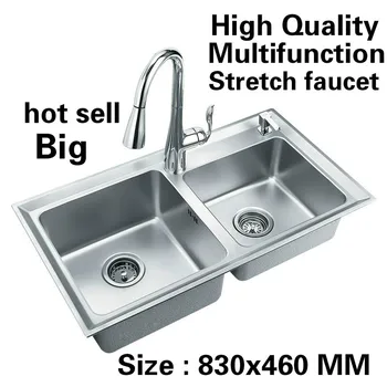 Online Free Shipping Apartment Wash Vegetables Multifunction Stretch Faucet Kitchen Double Groove Sink 304 Stainless Steel 83x46 CM