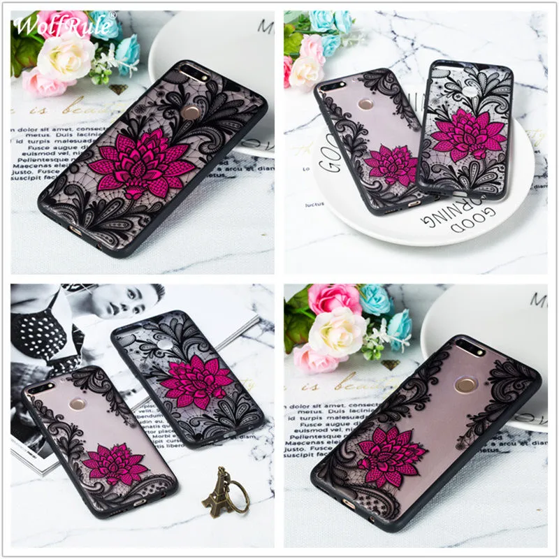 WolfRule Huawei Honor 7C Pro Case Cover Black Lace Red Flower Soft TPU For Y7 Prime 2018 Hard PC Fundas |