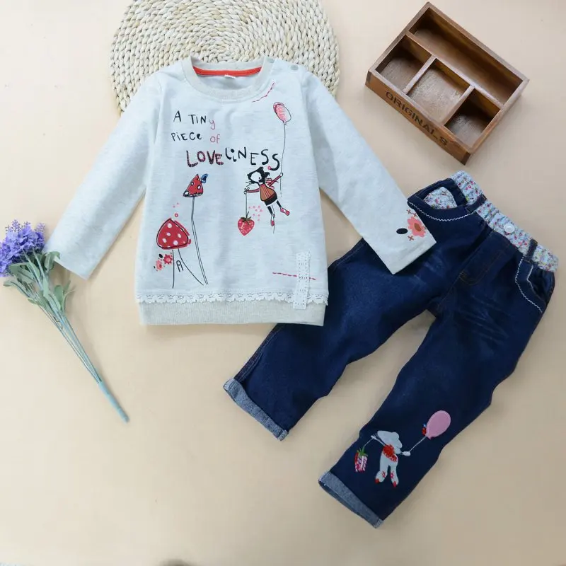 

Qianquhui Winter Autumn Girls Clothing Set Fashion Print Cartoon Long Sleeve Pullover Shirt Jeans Pants Outfit Set