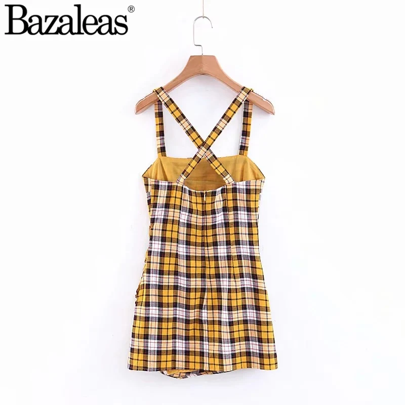 Bazaleas желтое клетчатое женское платье мини платья Vestidos Повседневное платье с перекрещивающимися сзади бретельками без рукавов
