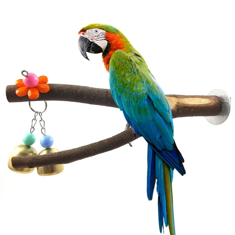 

High quality 1Pc Pet Parrot Raw Wood Fork Stand Rack Toy Bird frame Hamster Branch Perches Parrot's Chewing Toy with Bells