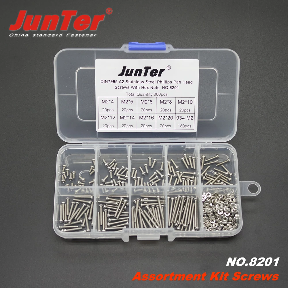 

360pcs M2 (2mm)*4/5/6/8/10/12/14/16/20 A2 Stainless Steel Phillips Pan Head Machine Screws With Hex Nuts Assortment Kit NO.8201