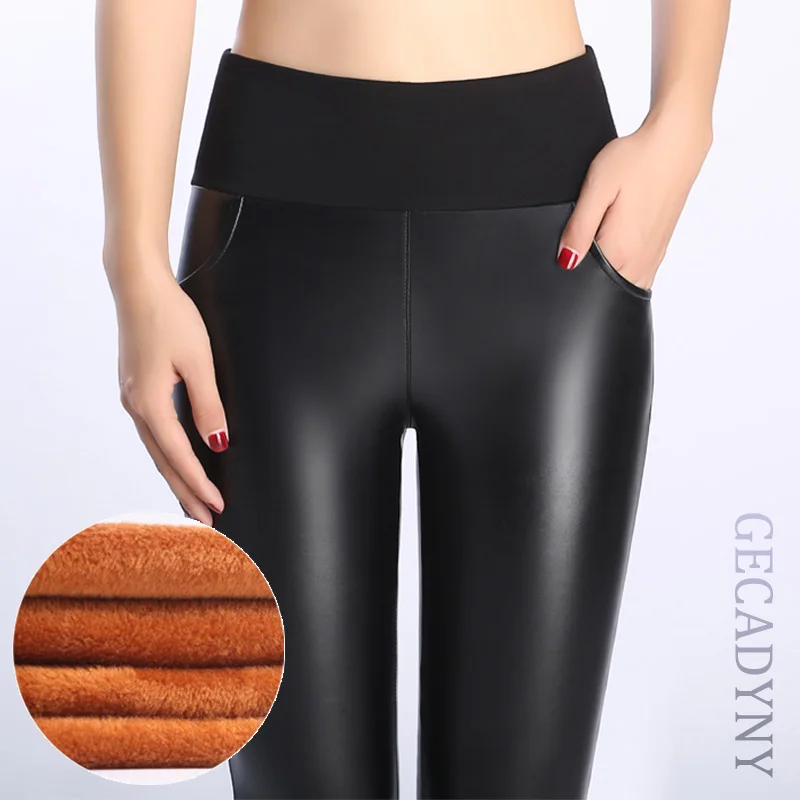 

Women Plus Velvet Thick Female PU Leather Pants Warm Gold Cashmere Leggings Girls Winter Sexy Slim Large Size Pencil Trousers
