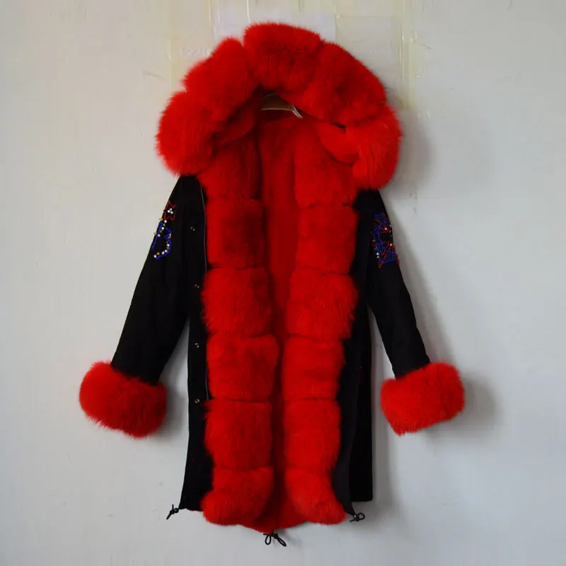 Best Price 2016 new Arrival black beading women jacket red faux fur lining and fox fur collar cuff,UK beading long style coat