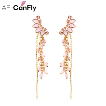 

AE-CANFLY Korean New Trendy Long Shiny Crystal Tassel Dangle Earrings Women Girl Charming Earrings for Summer Vacation Gift