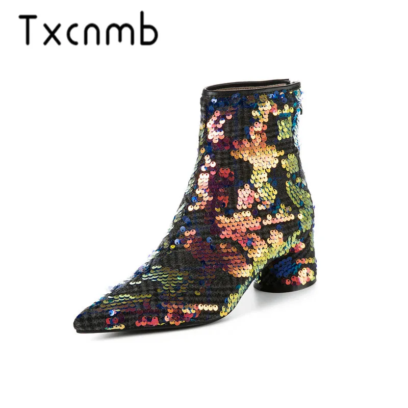 

TXCNMB Fashion Punk Pointed Toe Squaare Heels Women Ankle Boots Slip on Chelsea Boots 2019 Cow Leather Party Office Shoes Woman