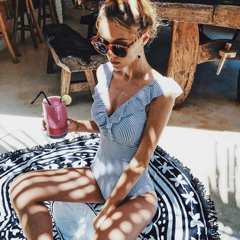 

2019 Sexy Female Retro V Neck Blue Striped Swimsuit One Piece Ruffled Push Up Padded High Waist Swimwear Women Monokini