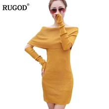 RUGOD Slash neck Sheath Solid Dress For Women Off shoulder Stylish Dress Female Winter Autum Knitted
