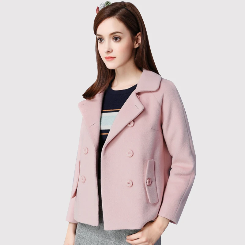 Women Short Coat 2016 Autumn Winter Pink Lady New Jacket Double Button