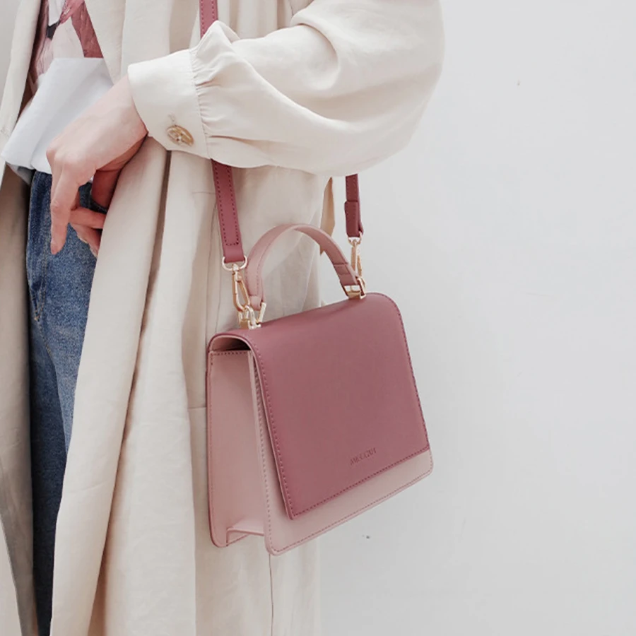 

High Quality Pink Pu Leather Small Square Bag For Ladies Vintage Panelled Color Handbags Female Simple Daily Wild Crossbody Bag